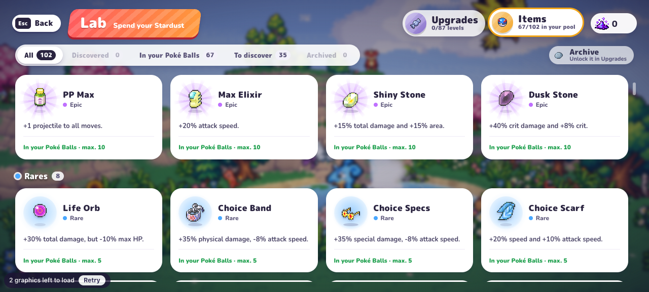 PokeBonk item catalog showing Life Orb and the three Choice item effects